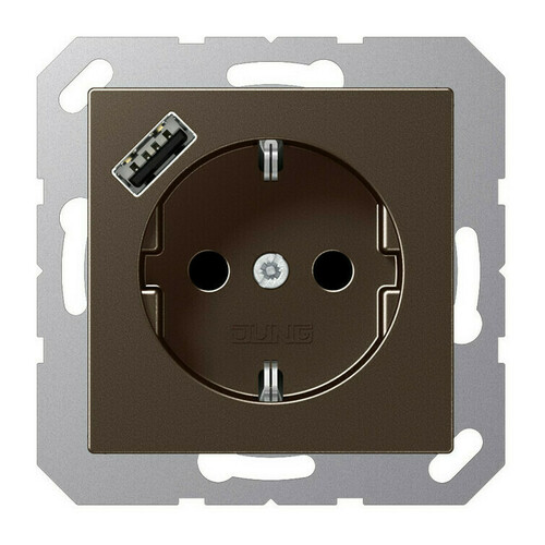 Розетка с USB Jung A 500, скрытый монтаж, с заземлением, мокко, A1520-18AMO